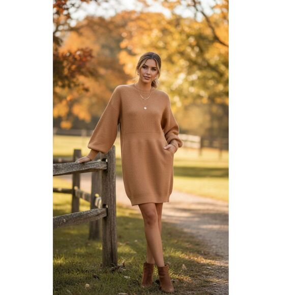 St. John Dresses & Skirts - Vintage St. John by Marie Gray Camel Knit Mock Neck Sweater Dress Size 8